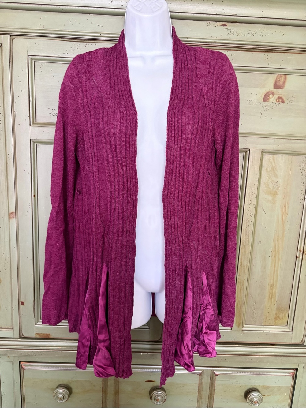 Open-Front Magenta Cable-Textured Cardigan with Satin Trim